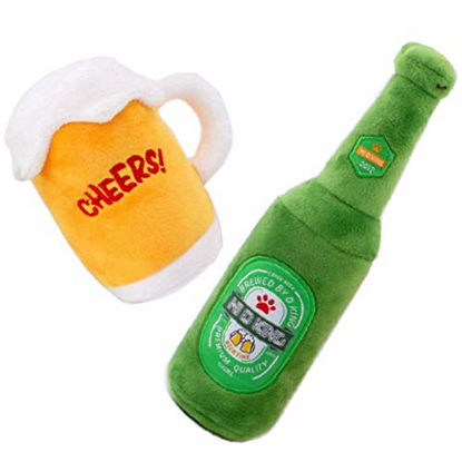 Picture of CheeseandU Dog Squeaky Plush Toys Set - Puppy Chew Toy -2 Pack Cute Stuffed Plush Beer Mug Bottle Toy for Puppy Small Medium Dogs