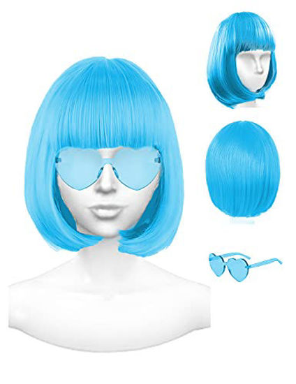 Picture of PLANTURECO Featured Wigs and Party Sunglasses, Color Bob Wig, Cosplay Wigs and Party Wigs, Rainbow Wig with Neon Glasses Wigs for Women - Bachelorette Party Wigs Decorations Favors (Sky Blue)