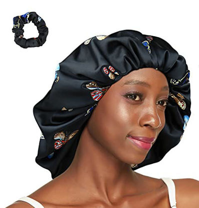 Picture of Slap Cap,Extra Large Silk Satin Lined Sleeping Hair Curly Hair Women Black