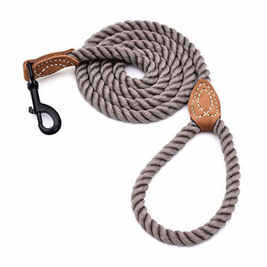 Picture of Mile High Life Braided Cotton Rope Leash with Leather Tailor Handle and Heavy Duty Metal Sturdy Clasp (Camel, 60 Inch (Pack of 1))