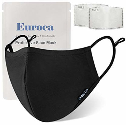 Picture of Euroca Cloth Face Masks 4 Layer Washable Reusable Breathable Adjustable with Filter Pocket for Adults-2 Filters included (Black Small)