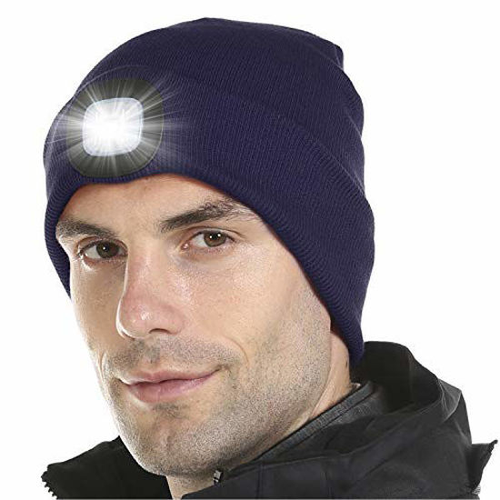 Picture of Tutuko Unisex LED Lighted Beanie Cap, USB Rechargeable Hands Free 4 LED Headlamp Cap, Warm Winter Knitted Hat with LED Flashlight for Hiking, Biking, Camping (Navy Blue)