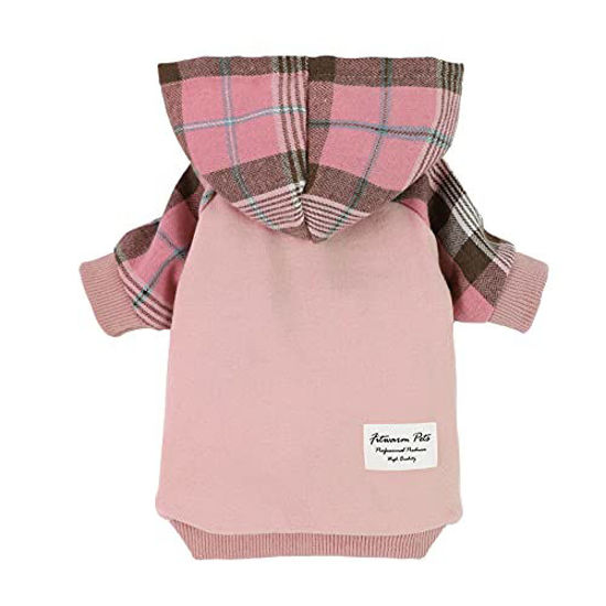 Picture of Fitwarm 100% Cotton Girl Plaid Dog Clothes Lightweight Puppy Hoodie Pet Sweatshirt Doggie Hooded Outfits Cat Apparel Pink Small