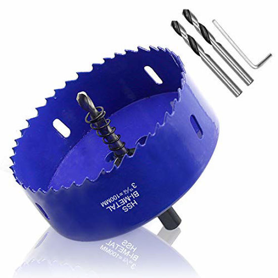 Picture of Luomorgo 4 inch 100mm Hole Saw, 1 1/4 inch Cutting Depth HSS Bi-Metal Hole Cutter with Hex Shank Drill Bit Adapter for Wood Cornhole Boards Plastic Drywall Fiberboard