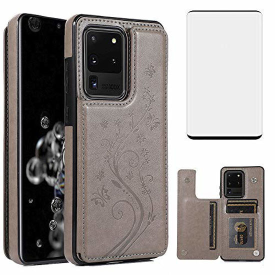 Picture of Phone Case for Samsung Galaxy S20 Ultra Glaxay S20ultra 5G with Tempered Glass Screen Protector Card Holder Wallet Cover Stand Flip Leather Cell Gaxaly 20S S 20 A20 20ultra G5 Cases Women Men Gray