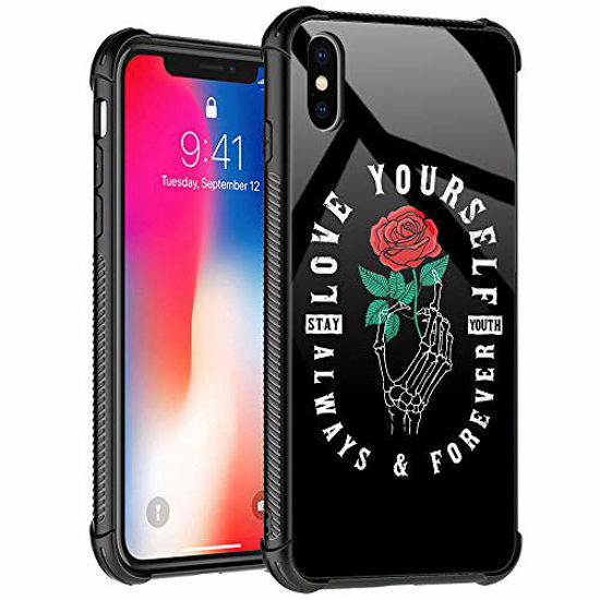 Picture of iPhone XR Case, Love Yourself red Rose Tempered Glass iPhone X Cases for Girls Women, Pattern Design Shockproof Anti-Scratch Case for Apple iPhone X/XS