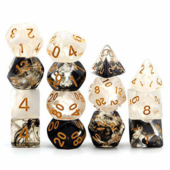 Picture of Haxtec 2 Pack DND Dice Set Black Swirl White Ink Polyhedral D&D Dice for Roleplaying Dice Games as Dungeons and Dragons RPG Dice