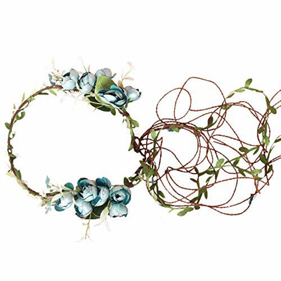 Picture of Vine Flower Crown Boho Flower Headband Hair Wreath Floral Headpiece Halo with Ribbon Wedding Party Festival Photos Blue by Vivivalue