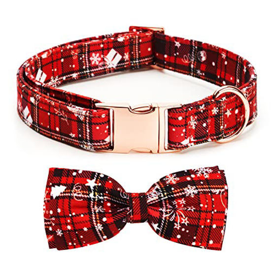 Picture of Thankspaw Christmas Dog Collar with Bow Adjustable Comfortable Dog Bow Tie Pet Collars Red Grid Bow Ties for Girl Boy Small Medium Large Dogs (Large, Christmas Snow)