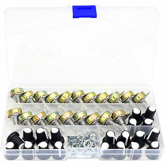 Picture of B10K 10K Ohm Knurled Shaft Linear Rotary Taper Potentiometer with Knob/Nuts/Washer Kit-20 Pcs