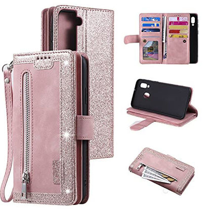 Picture of UEEBAI Wallet Case for Samsung Galaxy S21 Ultra 5G, Retro 9 Card Holder Slots Zipper Pocket PU Leather Handbag Cover Magnetic Closure Kickstand with Wrist Strap TPU Shockproof Flip Case - Rose Gold