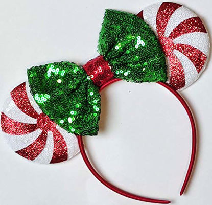 Picture of CLGIFT Christmas Red Peppermint Candy Minnie Ears, Iridescent Minnie Ears, Rainbow Sparkle Mouse Ears,Classic Red Sequin Minnie Ears (Christmas Red Peppermint Candy)