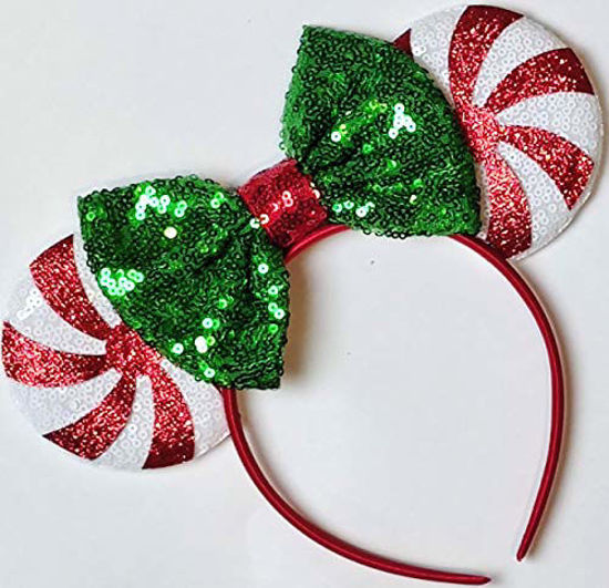 Picture of CLGIFT Christmas Red Peppermint Candy Minnie Ears, Iridescent Minnie Ears, Rainbow Sparkle Mouse Ears,Classic Red Sequin Minnie Ears (Christmas Red Peppermint Candy)