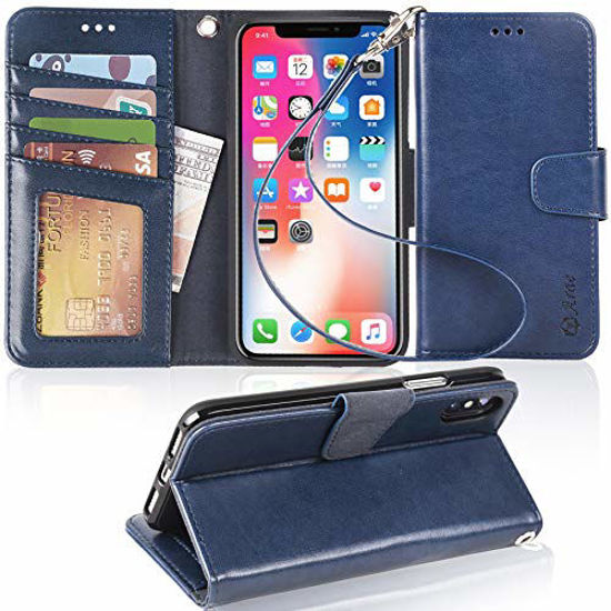 Picture of Arae Case for iPhone X/Xs, Premium PU Leather Wallet Case [Wrist Straps] Flip Folio [Kickstand Feature] with ID&Credit Card Pockets for iPhone X (2017) / Xs (2018) 5.8 inch (not for Xr) - Blue