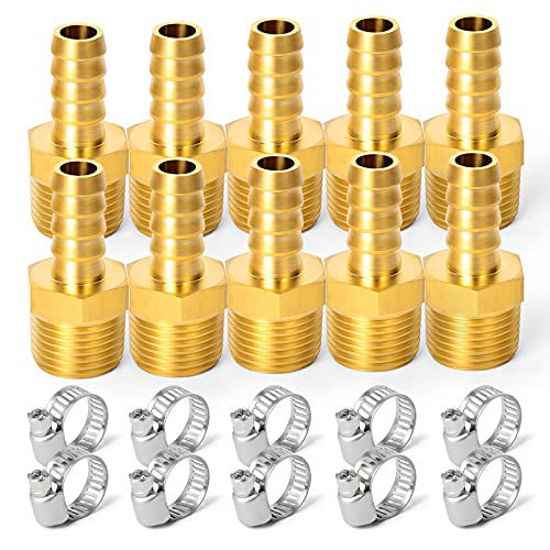 Picture of TAISHER 10 PCS Brass of Hose Barb Fittings 1/4"(6.35mm) Barb x 1/4" MNPT Pipe Adapter Air Hose Fitting with 10 PCS Hose Clamp