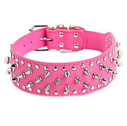 Picture of Hoot PU Leather Adjustable Spiked Studded Dog Collar 2" Wide 31 Spikes (S(Neck 17"-20"), Rose Red)