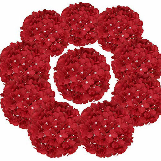 Picture of Flojery Silk Hydrangea Heads Artificial Flowers Heads with Stems for Home Wedding Decor,Pack of 10 (Red)