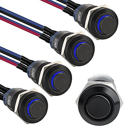 Picture of Starelo 5pcs 12mm Latching led Push Button Switch Black Shell with pre-Wiring, IP65 Waterproof Push Button Switch,1NO 1 Normally,Self-Locking with LED(Blue).