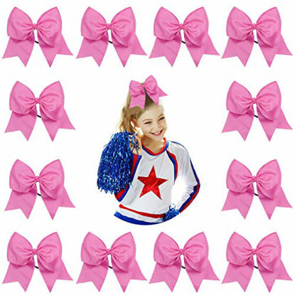 Picture of DEEKA 12PCS 8" Large Cheer Hair Bows Ponytail Holder Handmade for Teen Girls Softball Cheerleader Sports-Pink