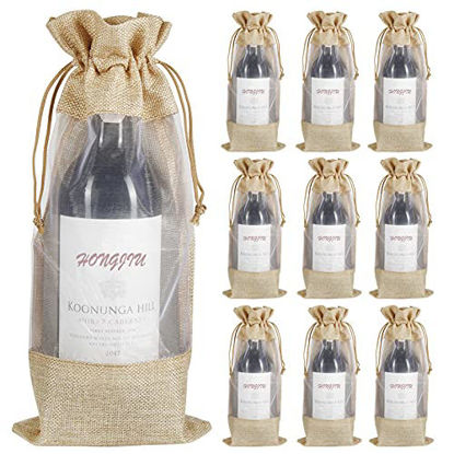 Picture of Jute Wine Bags, 10pcs Burlap Wine Bottle Bags 750ml with Sheer Window Organza Hessian Drawstring Gift Bags for Wedding Festival Wine Tasting Party Favors (14 x 6.3 inches)