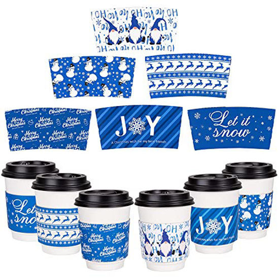 Picture of Whaline 30 Pack Christmas Coffee Tea Cup Sleeves Blue Double-Layer Paper Sleeves for 12 and 16oz Paper Cup Disposable Snowman Santa Cup Paper Jacket for Hot Chocolate Cocoa Cold Beverage, 6 Design