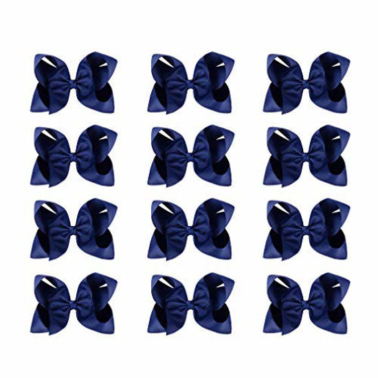 Picture of DEEKA 12 PCS 6" Big Hand-made Grosgrain Ribbon Hair Bow Alligator Clips Hair Accessories for Little Teen Toddler Girls - Navy Blue