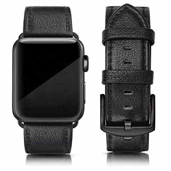 Picture of SWEES Leather Band Compatible for iWatch 42mm 44mm, Genuine Leather Replacement Wristband Strap Compatible iWatch Series 6 5 4 3 2 1 SE Sports & Edition Men, Lichee Black