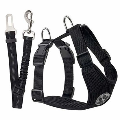 Picture of SlowTon Dog Car Harness Plus Connector Strap, Multifunction Adjustable Vest Harness Double Breathable Mesh Fabric with Car Vehicle Safety Seat Belt .(Black, Small)