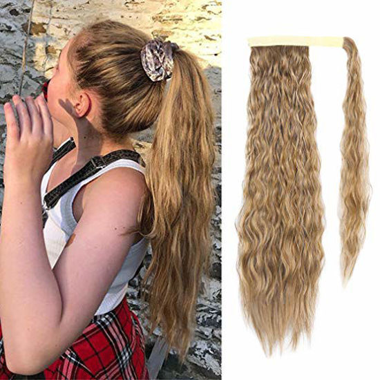 Picture of SEIKEA 24 Inch Clip in Ponytail Extension Wrap Around Long Wavy Curly Pony Tail Hair Fluffy Synthetic Hairpiece for Women Color 27/613