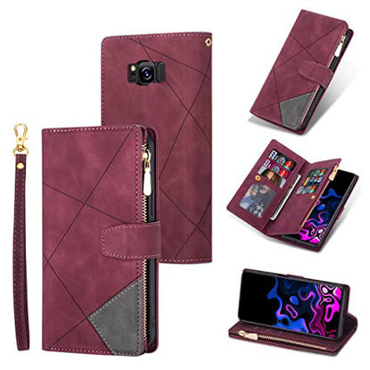 Picture of UEEBAI Wallet Case for Samsung Galaxy S10, Vintage Premium PU Leather Cover Flip Case with Card Slots Magnetic Closure Zipper Pocket Kickstand Handbag with Hand Strap - Wine Red