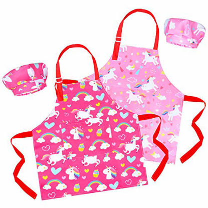 Picture of Sylfairy Aprons for Kids Girls Rainbow Unicorn Apron Children Kitchen Chef Aprons Smock (Pink+Rose Red, Medium,6-12Years)