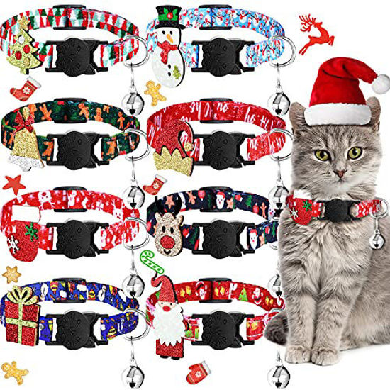 Picture of 8 Pieces Christmas Cat Collar Adjustable Kitten Christmas Collar Cat Breakaway Collars with with Removable Santa Claus Christmas Tree Snowman Stocking Charm and Bell for Cat Christmas Party, 8 Styles