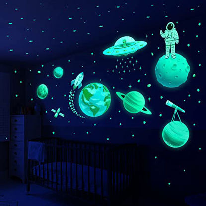 Picture of Glow in The Dark Stars for Ceiling, Solar System Wall Stickers for Kids, Planet Wall Decals, Glowing Stars, Space Decor for Boys Room, Galaxy Astronaut Rocket Spacecraft Alien Decoration