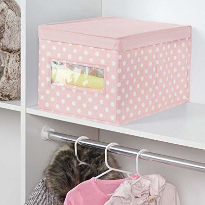 Picture of mDesign Soft Stackable Fabric Closet Storage Organizer Holder Box - Clear Window, Attached Hinged Lid, for Child/Kids Room, Nursery, Playroom - Polka Dot Print - Large - Pink with White Dots