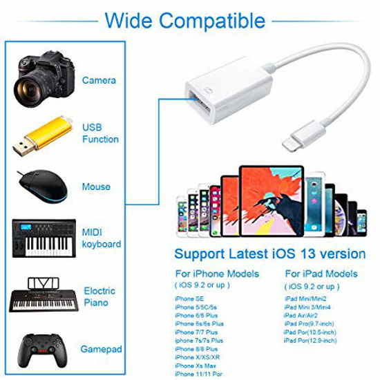 Lightning to USB Camera Adapter , iPhone to USB Female OTG Cable Adapter,  iPad USB Adapter Supports USB Flash Drive, Card Reader, Mouse, Keyboard,  MIDI. 