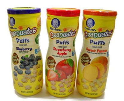 Picture of Gerber Graduates Puffs Cereal Snack Variety Pack - Blueberry, Strawberry-Apple, Sweet Potato - 1.48 oz Each