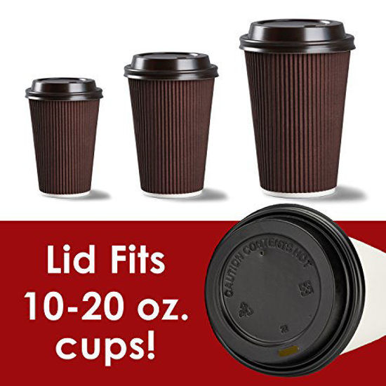 Picture of Premium, Recyclable Black Dome Lids, 100 Pack. One Size Fits All Travel Lid For 10, 12, 16 and 20 Oz To Go Drink Cups Are Anti-Spill for Cafes and Takeout Coffee Shops. Includes Hot Contents Warning.