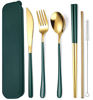 Picture of AARAINBOW 6 Pieces Stainless Steel Flatware Set Portable Reusable Cutlery Set Travel Utensils Set Including Chopsticks Knife Fork Spoon Straws Cleaning Brush Dishwasher Safe (Green golden)