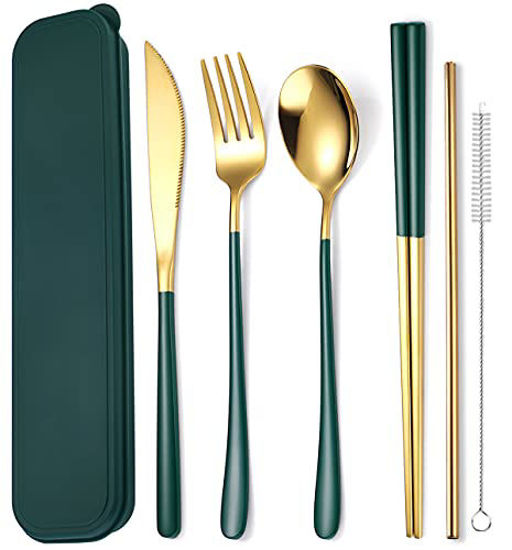 Portable Reusable Flatware Set Travel/Camping Cutlery Set with Travel Case  3 Piece Stainless Steel (Chopsticks, Fork, Spoon) Reusable Utensils,  Portable Travel Silverware Set Green price in UAE,  UAE