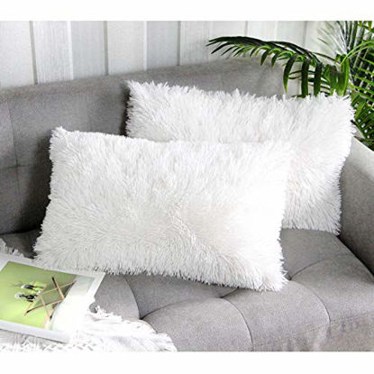 Picture of Uhomy 2 Packs Home Decorative Super Soft Luxury Series Plush Faux Fur Throw Pillow Cover True White Cushion Case for Sofa/Bed Livingroom 12x20 Inch 30x50 cm