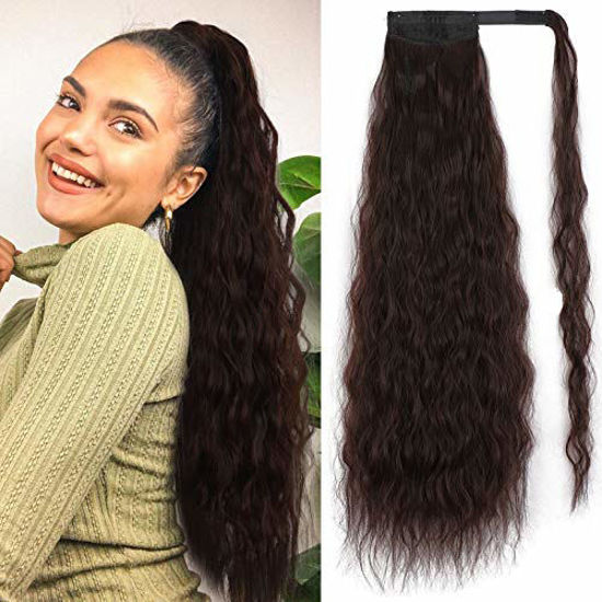 Picture of Stamped Glorious Long Corn Wave Ponytail Extension Magic Paste Heat Resistant Wavy Synthetic Wrap Around Ponytail Black Hairpiece for Women (26inch, 2/33#)