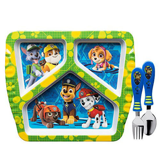 Picture of Zak Designs Paw Patrol Dinnerware Set Includes Melamine 3-Section Divided Plate and Utensil Made of Durable Material and Perfect for Kids, 3 Piece Set, Paw Patrol Boys 3pc