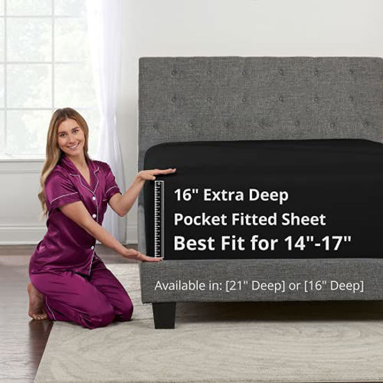 Picture of Twin XL Fitted Sheet Only - Real 16 XL Twin Fitted Sheets Fit Perfectly 14-18 Deep Mattress & Toppers - Lovely Feel - 1 Piece Bottom XL Twin Sheets Deep Pockets Fitted Twin Extra Long - Black