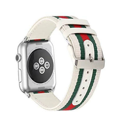 Picture of U191U Sport Band Compatible with Apple Watch, iWatch Strap 38mm 42mm|Elegant Nylon & Genuine Leather Wristband with Metal Adapter Clasp| Fancy Apple Watch Strap for Men & Women (White/Green/Red, 42MM)