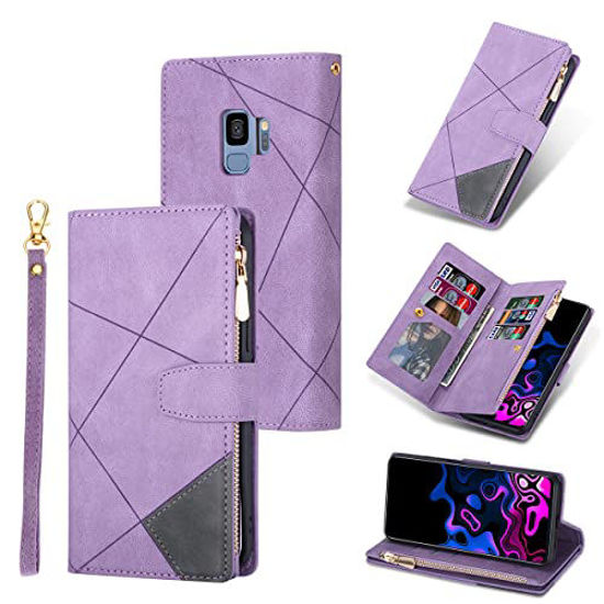 Picture of UEEBAI Wallet Case for Samsung Galaxy S10, Vintage Premium PU Leather Cover Flip Case with Card Slots Magnetic Closure Zipper Pocket Kickstand Handbag with Hand Strap - Purple