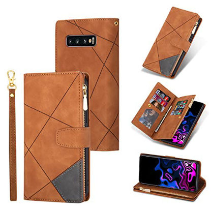 Picture of UEEBAI Wallet Case for Samsung Galaxy S10, Vintage Premium PU Leather Cover Flip Case with Card Slots Magnetic Closure Zipper Pocket Kickstand Handbag with Hand Strap - Brown