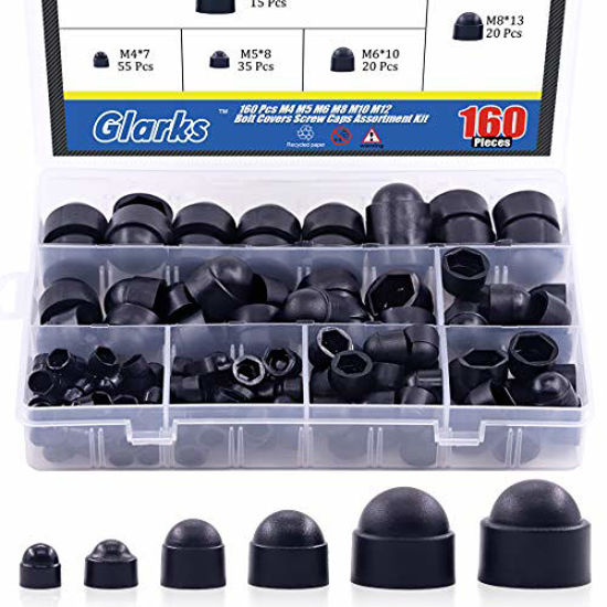 Picture of Glarks 160Pcs Black Bolt Covers Screw Caps Assortment Kit, M4 M5 M6 M8 M10 M12 Nylon Acorn Dome Protection Caps for Protecting Hexagon Shaped Screws Bolts (Black)