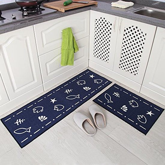 Picture of Carvapet 2 Pieces Non-Slip Kitchen Mat Set Rubber Backing Doormat Runner Rug Set, Fish Shell Design (Navy 15"x47"+15"x23")