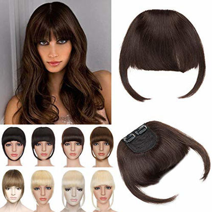 Picture of S-noilite Clip In Bangs with Temples 100% Human Hair Thick Clip On Fringe Hairpieces 2 Clips 23grams Natural Blunt Cut Hair Extensions For Women Pretty Gift #2 Dark Brown