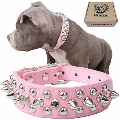 Picture of TEEMERRYCA Adjustable Leather Spiked Studded Dog Collars with a Squeak Ball Gift for Small Medium Large Pets Like Cats/Pit Bull/Bulldog /Pugs/Husky, Pink, M 12-15.1 inches